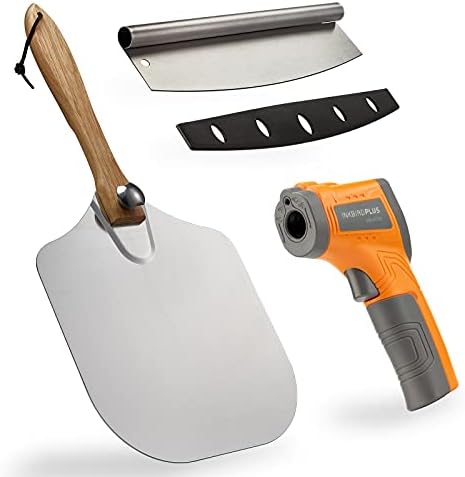  Izza Peel (14"x12") W/Pizza Cutter & Infrared Laser Temperature Thermometer Gun| INKBIRDPLUS Pizza Peel W/Foldable Wood Handle For Easy Storage To Baking & Slicing Homemade Pizza Bread Pie Pastry
