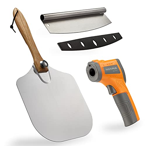  Izza Peel (14"x12") W/Pizza Cutter & Infrared Laser Temperature Thermometer Gun| INKBIRDPLUS Pizza Peel W/Foldable Wood Handle For Easy Storage To Baking & Slicing Homemade Pizza Bread Pie Pastry