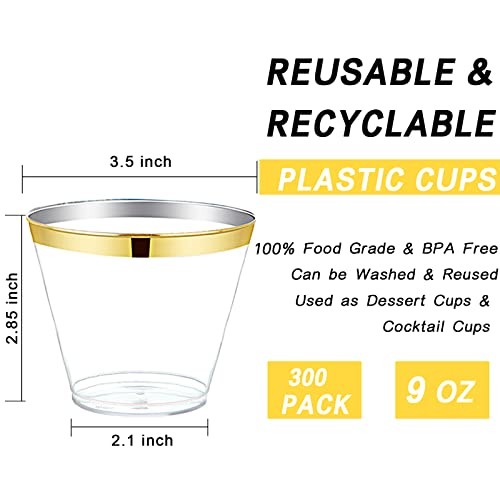  300PCS Gold Plastic Cups - 9Oz Heavy Duty Plastic Cups - Gold Rimmed Plastic Cups - Disposable Clear Plastic Cups With Gold Rim For Party & Wedding