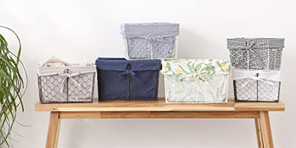  Farmhouse Chicken Wire Storage Baskets With Liner, Medium, Antique French Blue Gingham Check, 11x7.88x7", 2 Piece