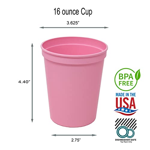  16 Oz Reusable Plastic Stadium Cups, Bulk 50 Pk, USA Made, BPA-Free Dishwasher Safe Plastic Tumblers, Light Pink