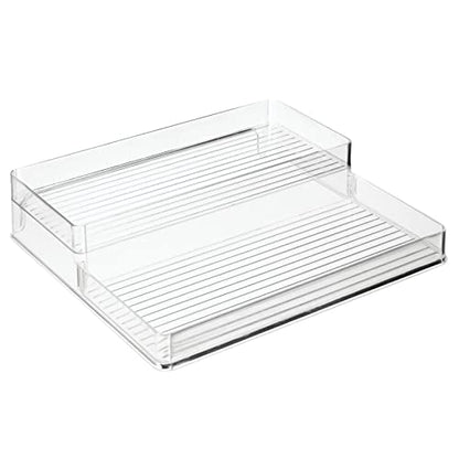  MDesign Plastic Kitchen Food Storage Organizer Shelves, Spice Rack Holder For Cabinet, Cupboard, Countertop, Pantry - Holds Jars, Baking Supplies, Canned Food - 2 Levels - Clear