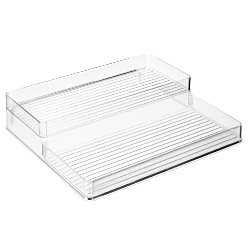  Plastic Kitchen Food Storage Organizer Shelves, Spice Rack Holder For Cabinet, Cupboard, Countertop, Pantry - Holds Jars, Baking Supplies, Canned Food - 2 Levels - 4 Pack - Clear