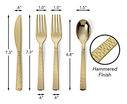  Erfect Settings 300 Pieces Gold Plastic Cutlery Set - Gold Metallic Plastic Silverware With A Hammered Finish - Tableware Set (75 Plastic Spoons, 75 Plastic Knives, 150 Plastic Forks)