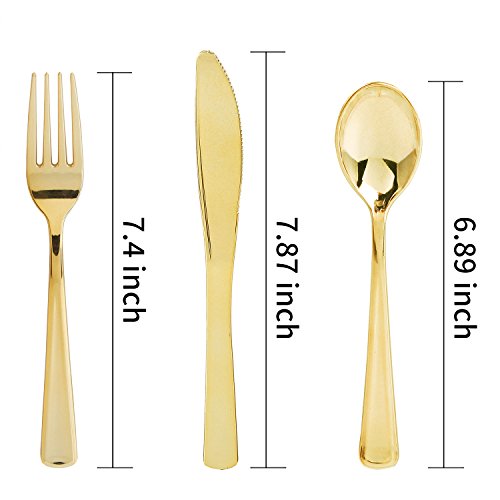  180 Pieces Disposable Plastic Gold Silverware Cutlery - Plastic Flatware Set 60 Forks, 60 Knives And 60 Spoons - Heavy Duty Gold Plastic Cutlery - Gold Utensils For Party, Wedding,Birthday