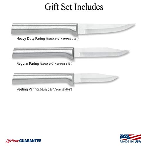  Ada Cutlery - S01 Rada Cutlery Paring Knife Set 3 Knives With Stainless Steel Blades And Brushed Aluminum Made In The USA, 7 1/8", 6 3/4", 6 1/8", Silver Handle