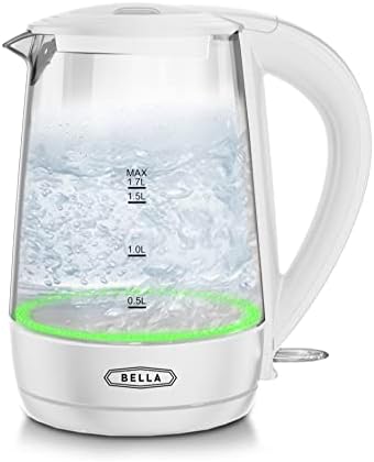 Bella 1.7 Liter Glass Electric Kettle, Quickly Boil 7 Cups Of Water In 6-7 Minutes, Soft Orange LED Lights Illuminate While Boiling, Cordless Portable Water Heater, Carefree Auto Shut-Off, White
