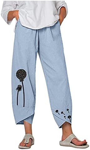  Kingspinner Capri Pants For Women Plus Size Cotton Linen Flowers Printed Pants Pockets Cotton Linen Elastic Waist Trousers