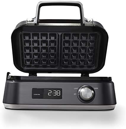 Intellicrisp Belgian Waffle Maker With LED Display Timer And Ceramic Cooking Plates, Makes 2 Waffles, Dark Stainless Steel