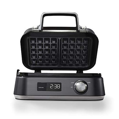  Intellicrisp Belgian Waffle Maker With LED Display Timer And Ceramic Cooking Plates, Makes 2 Waffles, Dark Stainless Steel