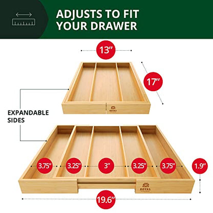  Uxury Bamboo Kitchen Drawer Organizer - Expandable Utensil Organizer For Drawer - Utensil And Silverware Holder And Cutlery Tray (Natural, 19.6"x17")