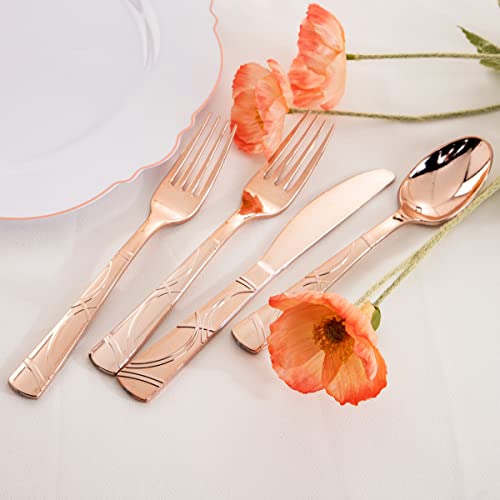  120 PCS Rose Gold Disposable Silverware, Rose Gold Cutlery Includes: 40 Rose Gold Plastic Forks, 40 Rose Gold Plastic Knives, 40 Rose Gold Plastic Spoons, Plastic Silverware For Parties
