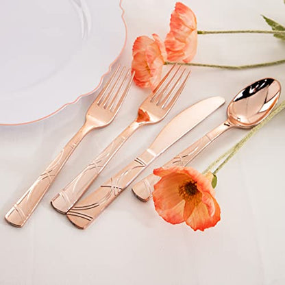  120 PCS Rose Gold Disposable Silverware, Rose Gold Cutlery Includes: 40 Rose Gold Plastic Forks, 40 Rose Gold Plastic Knives, 40 Rose Gold Plastic Spoons, Plastic Silverware For Parties
