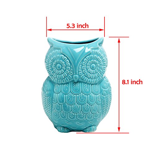  Aqua Blue Owl Shaped Ceramic Kitchen Crock Utensil Holder, 8 Inch Multipurpose Storage Jar Vase Canister, Art Brush Holder