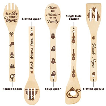  5Pcs Mothers Day Wooden Spoons Utensils Set, Non-Stick Cooking Utensils Carve Burned Bamboo Spoons Spatula Kitchen Cookware Gadget Decor Kit Mothers Day Mom Birthday Fun Gift Idea