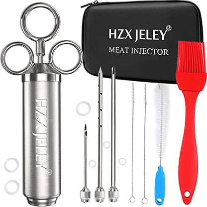  Meat Injector,HZX JELEY Turkey Injector Syringe Kit Marinade Flavors Seasoning,Meat BBQ Injectors For Smoking,2-OZ Large Capacity,With 3 Professional Needles,3 Cleaning Brushes,1 Butter Brushe