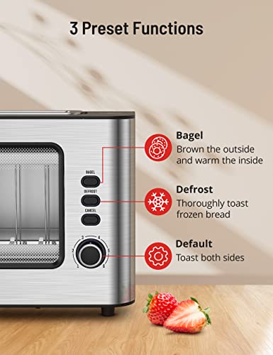  Toaster, Paris Rhône Toaster 2 Slice Extra Wide Long Slot Retro Toaster With Easy View Window, 6 Browning Levels, Easy To Clean, Auto Shutoff, Stainless Steel Silver Toaster For Bagels, Waffles (Silver)