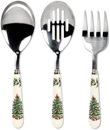 Spode Christmas Tree Collection 3-Piece Cutlery Set, Stainless Steel, Porcelain Handle, Hostess Flatware Serving Set, Holiday Silverware, Meat Fork, Serving Spoon, And Slotted Spoon