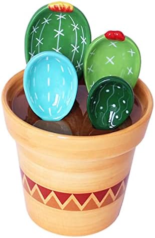  Ceramic Cactus Measuring Spoons And Cups, Cute Measuring Spoons Set In Pot, Cactus Shape Kitchen Decor Small Measuring Spoons (Green)