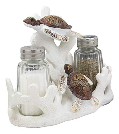  Nautical White Coral Reef With 2 Swimming Sea Turtles Salt And Pepper Shakers Holder Set Figurine Coastal Beach Turtles Tortoises Decorative Sculpture As Kitchen Dining Centerpiece Accent