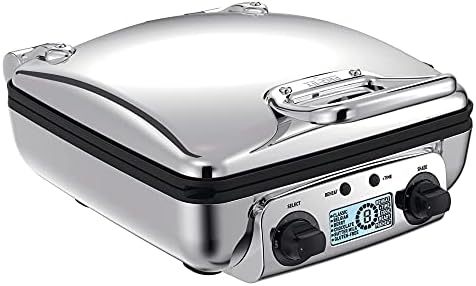  Electrics Stainless Steel Waffle Maker 4 Section Nonstick, Upright Storage 1600 Watts 6 Browning Levels, Square, Belgium Waffle, Removable Plates, Dishwasher Safe