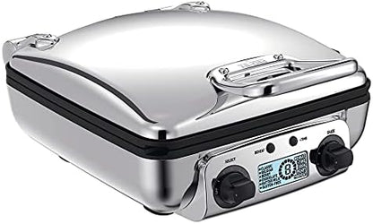  Electrics Stainless Steel Waffle Maker 4 Section Nonstick, Upright Storage 1600 Watts 6 Browning Levels, Square, Belgium Waffle, Removable Plates, Dishwasher Safe