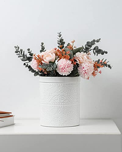  Kitchen Utensil Holder, 7.2" Super Large Utensil Crock Heavy And Stable Lace Emboss Ceramic Utensil Holder For Kitchen Counter (Bright White)