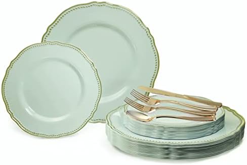  " OCCASIONS " 120 Plates Pack,(60 Guests) Heavyweight Premium Wedding Party Disposable Plastic Plates Set -60 X 10.25'' Dinner + 60 X 7.5'' Salad/Dessert (Rochelle Seafoam/Mint And Gold))