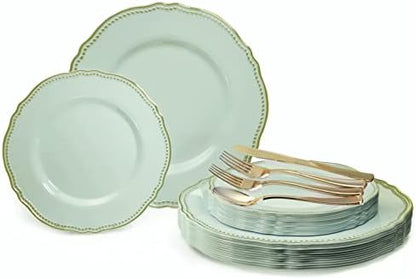  " OCCASIONS " 120 Plates Pack,(60 Guests) Heavyweight Premium Wedding Party Disposable Plastic Plates Set -60 X 10.25'' Dinner + 60 X 7.5'' Salad/Dessert (Rochelle Seafoam/Mint And Gold))