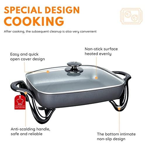  Black Electric Skillet, Spout Dishwasher Safe, Scratch Resistant, Non-Stick, Anti Slip Chassis, Adjustable Temperature