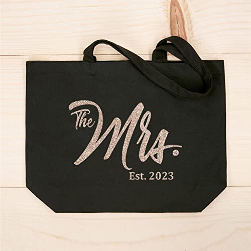  ELEGANTPARK Future The Mrs. EST. 2023 Personalized Bride Tote Wedding Bachelorette Bridal Shower Gifts Large Shoulder Bag Black With Champagne Glitter