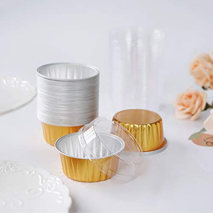  Disposable Ramekins, Gold 50pcs 5oz Mini Aluminium Foil Baking Cups With Lids Creme Brulee Cupcake Liners, Desert Cheesecake Pans Flan Molds Tin Cups Containers For Party Favor Birthday