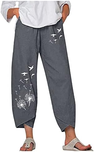  Kingspinner Capri Pants For Women Plus Size Cotton Linen Flowers Printed Pants Pockets Cotton Linen Elastic Waist Trousers