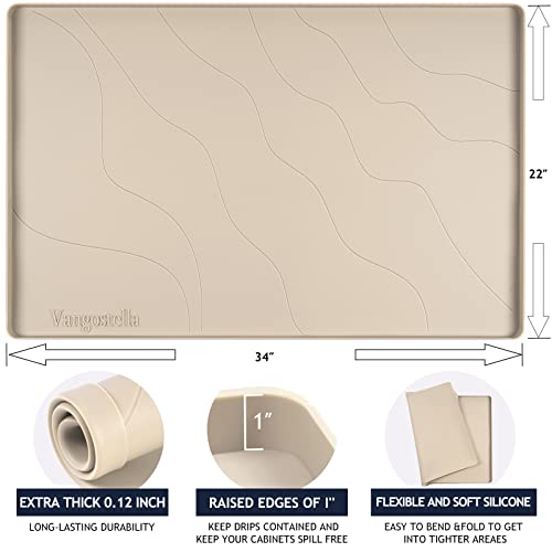 Premium Under Sink Mats For Kitchen Waterproof 34" X 22", Extra Thick Non-Slip Silicone Under Sink Liner Drip Tray, Raised Edge Under Sink Cabinet Mat,Prevent Drips, Leaks, Spills,Beige