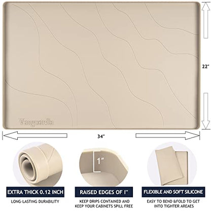  Premium Under Sink Mats For Kitchen Waterproof 34" X 22", Extra Thick Non-Slip Silicone Under Sink Liner Drip Tray, Raised Edge Under Sink Cabinet Mat,Prevent Drips, Leaks, Spills,Beige