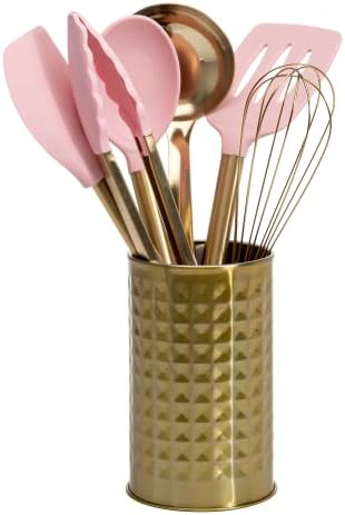  Paris Hilton Kitchen Set Tool Crock With Silicone Cooking Utensils, Stainless Steel Whisk And Ladle, 7-Piece, Gold, Charcoal Gray