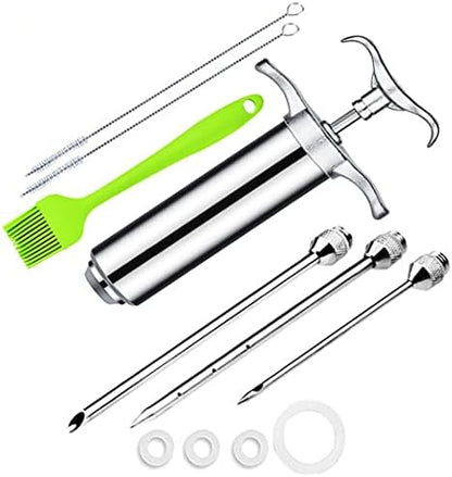  Meat Injector Syringe,Stainless Steel Injector Gun Kit With Case,2-Oz Marinade For Smoking,With 3 Professional Needles 2 Cleaning Brushes And 4 Silicone O-Rings,1Cleaning Silicone Brush (silver)