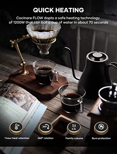  Electric Gooseneck Kettle With Temperature Control, Pour Over Coffee & Tea, 1200W 180-sec Quick Boil Time, 600g Ultra Light, 0.9L, White