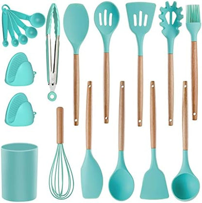  Ilicone Kitchen Utensils Set Cooking Utensils - SZBOB Heat Resistant/Non-stick/Non Toxic/BPA Free Silicon Spoons Spatula Whisk Tongs Wooden Handle Kitchen Utensils Set With Holder (Khaki)