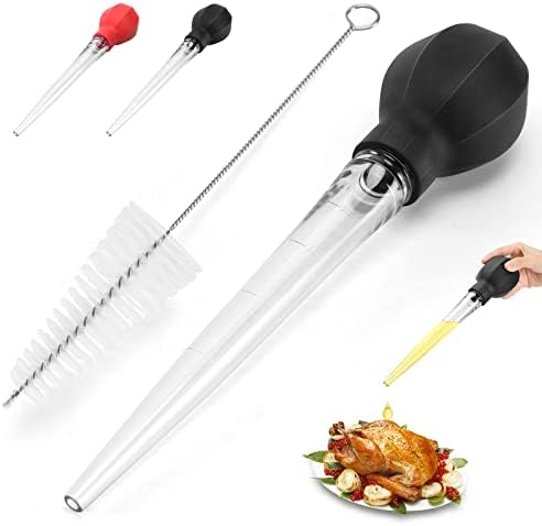  Large Turkey Baster With Cleaning Brush - Premium Baster Tool For Cooking - Easy To Use And Clean - Powerful Bulb Baster Syringe - Dishwasher Safe - Flavor Meat Poultry, Beef, Chicken(Black)