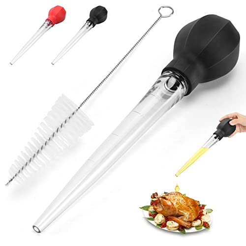  Large Turkey Baster With Cleaning Brush - Premium Baster Tool For Cooking - Easy To Use And Clean - Powerful Bulb Baster Syringe - Dishwasher Safe - Flavor Meat Poultry, Beef, Chicken(Black)