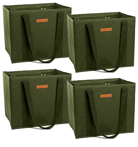  Gramercy Kitchen Reusable Grocery Bags, Reusable Shopping Bags, Tote Bags Bulk, Utility Tote, Bulk Tote Bags - Washable (Army Green, Set Of 4)