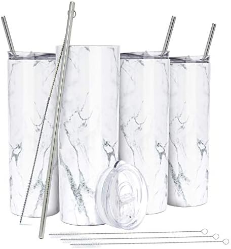  Kinny Tumblers With Lids And Straws (4 Pack) - 20 Oz Double Wall Insulated Slim Stainless Steel Silver Tumblers With Straw Cleaner | Reusable Travel Mug For Hot And Cold Beverages