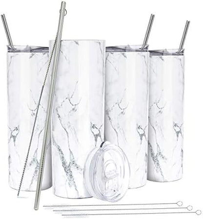  Kinny Tumblers With Lids And Straws (4 Pack) - 20 Oz Double Wall Insulated Slim Stainless Steel Silver Tumblers With Straw Cleaner | Reusable Travel Mug For Hot And Cold Beverages