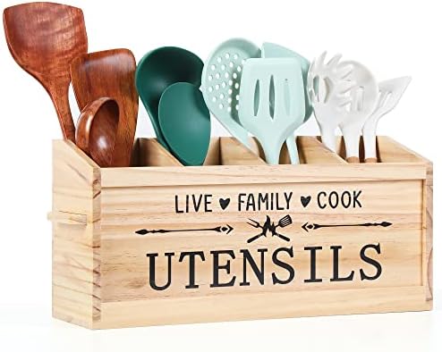  Utensil Holder, Extra Large Kitchen Utensil Holder For Countertop, Wood Utensil Holder With Handle, Kitchen Utensil Organizer Cooking Tools Storage (Utensil Not Included)
