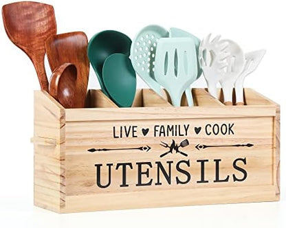  Utensil Holder, Extra Large Kitchen Utensil Holder For Countertop, Wood Utensil Holder With Handle, Kitchen Utensil Organizer Cooking Tools Storage (Utensil Not Included)