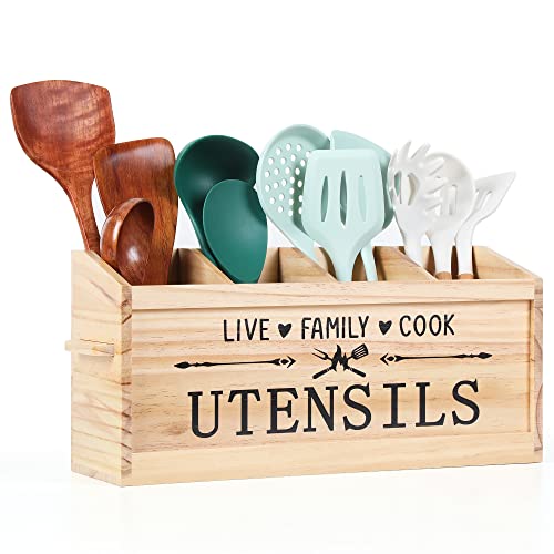  Utensil Holder, Extra Large Kitchen Utensil Holder For Countertop, Wood Utensil Holder With Handle, Kitchen Utensil Organizer Cooking Tools Storage (Utensil Not Included)
