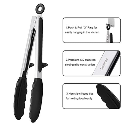  4 Pack Silicone Kitchen Cooking Tongs Set, Stainless Steel Nonstick Food Tong With BPA Free Silicone Tips For Serving Pasta Spaghetti Steak Pie Pizza Salad Vegetable Fruit Grilling BBQ Buffet 9" & 12"