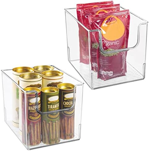  Modern Wide Plastic Open Front Dip Storage Organizer Bin Basket For Kitchen Organization - Shelf, Cupboard, Cabinet, And Pantry Organizing Decor - Ligne Collection - 2 Pack - Clear