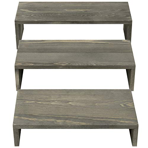  MyGift Rustic Wooden Display Stands, Set Of 3 - Vintage Gray Solid Wood Nesting Retail Riser Stands For Desserts, Collectibles And Figurines